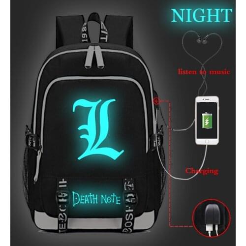 Mochila Death Note Luminous Backpacks Boys Book Bag Student School Backpack Teens Laptop Knapsack Mens USB Charging Travel Bags