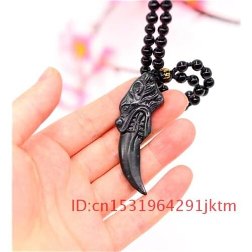 Jewelry Wolf Tooth Accessories Charm Gifts Jade Men Black Chinese Pendant Hand-Carved Obsidian Green Natural Necklace Amulet for