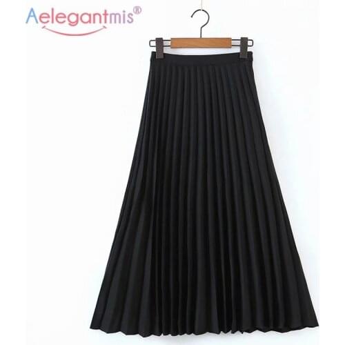 Aelegantmis Fashion High Waist A Line Skirt Casual Loose Pleated Long Skirts Woman Korean Solid Female OL Skirts Summer 2021 New