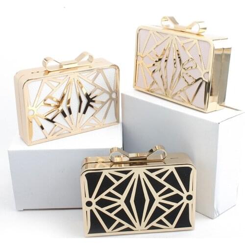 PU Leather Evening Bag Womens Hollow Metal Clutch Box Purses Luxury Shiny Geometric Shoulder bags Handbag Bolsas Feminina