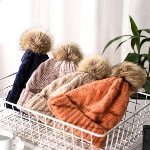 BOBAI 010 Lady Thick Cotton Wool Knitted Beanies Cap New Women Casual Artificial Fur Pom pom Knitting Hat Skullies Gorros