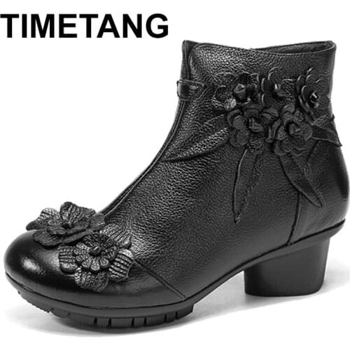 TIMETANGVintage Flower Ankle Boots Women Shoes Genuine Leather Boots For Women Casual Zipper Winter Shoes Woman Retro BotasMujer