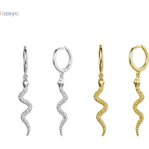 LOZOYA 925 Sterling Silver Gold Long Snake Hoops Earrings High Quality Women Luxury Hoops Punk Rock Drop Earring Jewelry