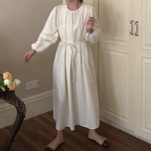 2021 New Women Summer Elegant Vintage Folds Long Beige Dress Sashes Lantern Sleeve Pullover Maxi Sundress