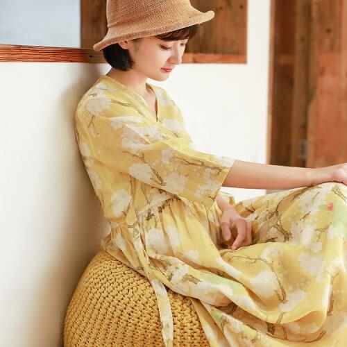 Women Spring Printed Three Quarter Sleeve Ramie Dress Ladies Vintage Loose V Neck Print Dresses Female 2020 Waisted Dress