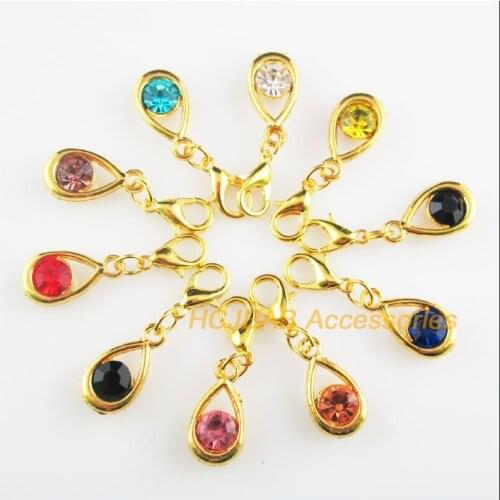 10 New Teardrop 9.5x17.5mm Charms Mixed Round Crystal Gold Color Retro With Lobster Claw Clasps