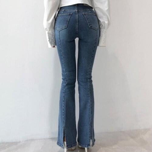 2021 Casual Skinny Split Jeans Pants Women High Waist Pockets Office Lady Denim Flare Pants Summer Female Y2K Trousers P172