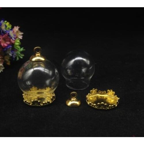 50sets/lot 20*15mm clear Glass globe gold color crown base cap glass vials cover pendant glass dome DIY necklace pendant jewelry