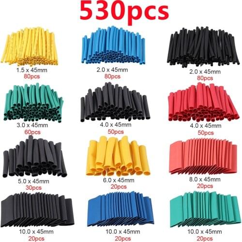 530Pcs Insulated Heat Shrink Tubing Polyolefin Wire Cable Sleeving Tube Assorted Heat Shrink 2:1 Shrink Tubes 12 Sizes