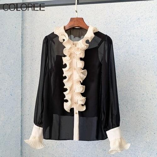 Blusas Mujer De Moda 2021 Spring Elegant Ruffles Long Sleeve Chiffon Blouse Women Runway Designers Top Femme