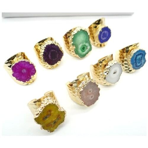 Big Gold Rim Vintage Retro blue Purple Geode Crystal Flower Agates Stone Slice Adjust Open Hammered Ring Cuff for Woman Man Ring