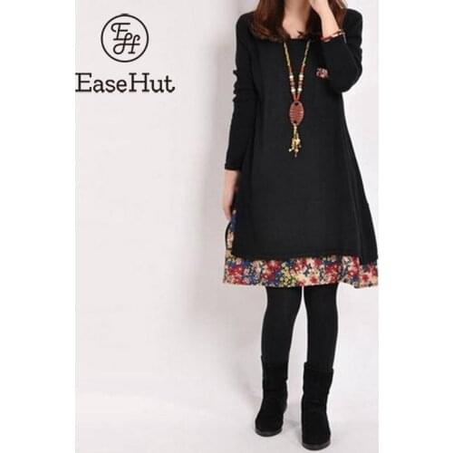 EaseHut 2020 Spring Women Casual Loose Cotton Linen Dresses Vintage Floral Hem Long Sleeves Mini Dress Plus Size Dress Vestidos