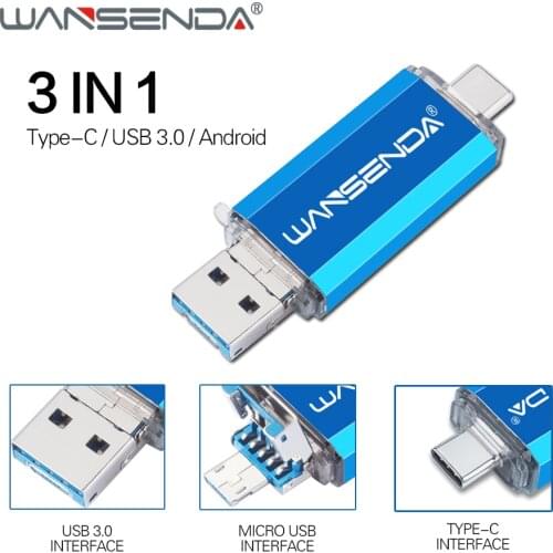 WANSENDA USB 3.0 OTG USB Flash Drive Type C Pen Drive 32GB 64GB 128GB 256GB 512GB Pendrive 3 in 1 Micro USB Stick Flash Drive