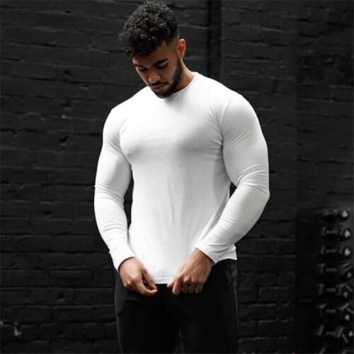 Mens Cotton Fitness Long Sleeve T Shirt Men Spring Autumn Plain Slim Fit T-Shirt Man O-neck Tee Shirt Gym Bodybuilding Tshirt