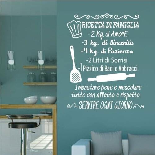 Italian Phrase Wall Sticker Family Recipe Vinyl Art Murals Removable Waterproof Kitchen Decal Wallpaper Home Decor