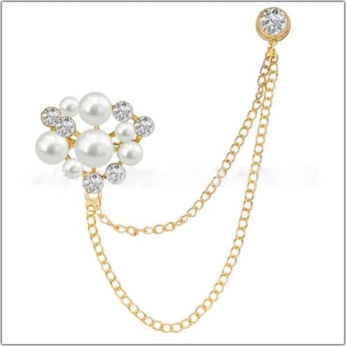 Korean Fashion Pearl Flower Brooch Rhinestones Crystal Tassel Chain Lapel Pin Corsage Men Suit Collar Pins Clothing Accessories