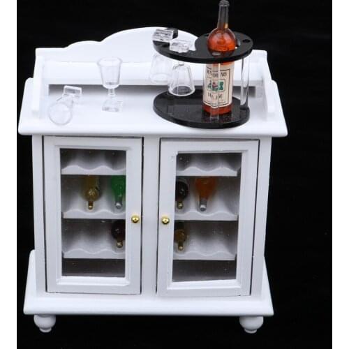 1/12 Dollhouse Miniature Wooden Wine Cabinet & Wine Rack & Cups Model Set Rooms Accessories