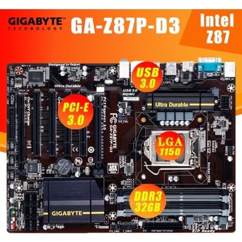 LGA 1150 Gigabyte GA-Z87P-D3 Motherboard i7 i5 i3 DDR3 PCI-E 3.0 32GB HDMI Desktop Intel Z87 Placa-Mãe 1150 SATA ATX Used