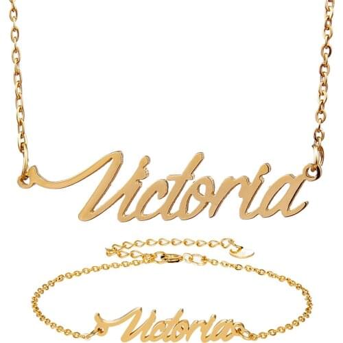 Fashion Stainless Steel Name Necklace Bracelet Set " Victoria " Script Letter Gold Choker Chain Necklace Pendant Nameplate Gift
