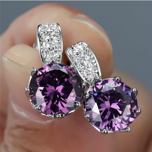 Trendy Rainbow Round Stone Wedding Earrings Female Purple Red Blue Crystal Earrings Antique Silver Color Stud Earrings For Women