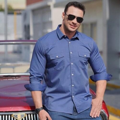 High quality autumn 10XL 12XL 11XL Large Size Men denim Shirt expensive long Sleeve oversize fat cow boy Shirt pockets blue 58