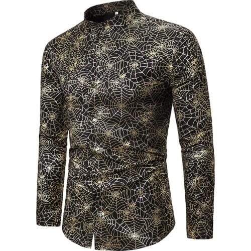 Gold Spider Web Bronzing Mandarin Collar Shirt Men 2020 Brand Long Sleeve Mens Dress Shirts Evening Party Prom Halloween Costume