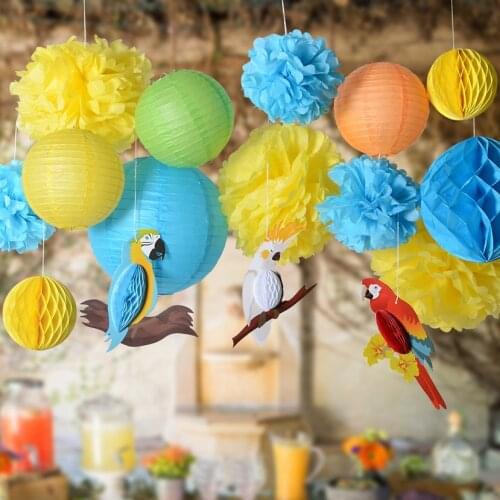 Pack of 16 Honeycomb Parrots and Pom POM Lanterns Set for Birthday Wedding Classroom Space Decor BEACH LUAU Tropical Party