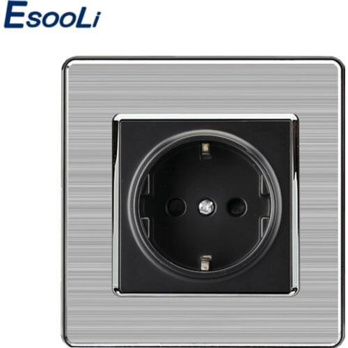 Esooli 16A EU Standard Wall Socket Luxury Power Outlet Stainless Steel Brushed Silver Panel Electrical Plug AC 110~250V