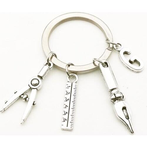 New Cute Compass Ruler Pen Pendant Keychain 26 Letter Creative Key Ring for Men and Women Gift Charm Bag Wallet Chain Anime