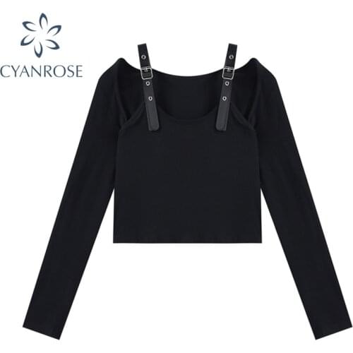 Bodycon Gothic Sexy Crop T Shirt Women Suspenders Spliced Design Punk Black Short Tees Female 2021 Long Sleeve Club Skinny Tops