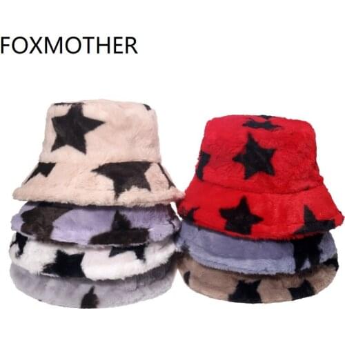 FOXMOTHER New Fashion Fishermen Caps Outdoor Star Pattern Faux Fur Bucket Hat Women Men Gorro Winter Panama