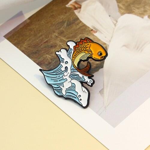 XEDZ Blue Waves Red Lucky Fish Enamel Pin Carp Leaping Over the Dragon Gate Brooch Clothes Jewelry Gift For Women