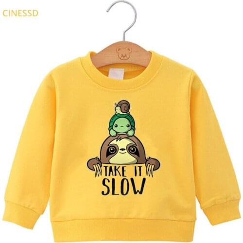 Funny Yellow Sweatshirt Kids Clothes Take It Slow Letter Print Hoodie Girls/Boys Sloth Tortoise Snail Animal Print Tracksuit