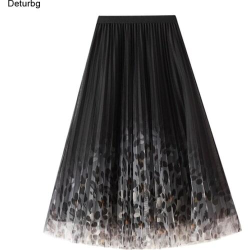 Womens Vintage Dot Print Midi Long Skirt Female Elegant High Waist Pleated 3 Layer Mesh A-Line Skirts Faldas 2021 Autumn Sk897