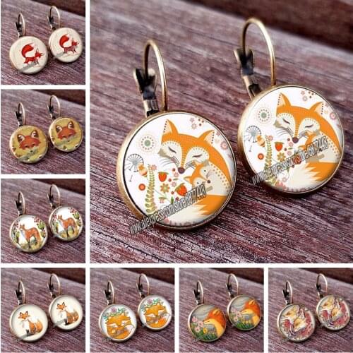 Cute Fox and Flower Women Pattern Glass Cabochon Stud Earring Lovely Animal Earring for Woman and Girl
