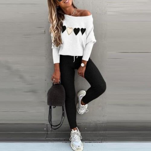 Off Shoulder Heart Print Womens Set 2 Piece Sets Autumn Long Sleeve Female T-shirts Suit Casual Drawstring Ladies Pants Suits