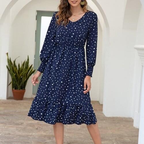 Polka Dots Female Dress Long Sleeve Elastic Waist Women Dress V Neck Autumn Midi Dresses Vestidos femme