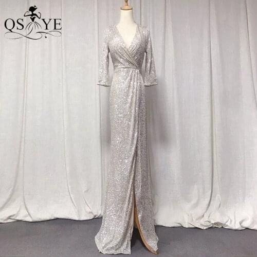 Long Sleeves Sequin Prom Dresses Split Mermaid Evening Gown Ruched Deep V Neck Formal Party Gown Straight Women Dress Vestido