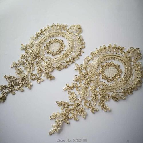 2Pcs/30X14cm Light Gold Pink Pineapple Flower Venise Flower Lace Applique Trim Wedding Dress Sewing Lace Patch
