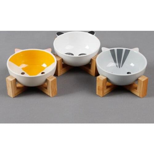 2020 Pet ceramic bowl Cat bowl bamboo and wooden frame supporting cartoon cat bowl