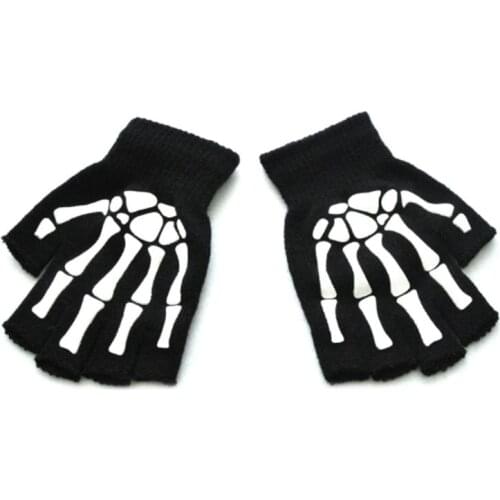 Toddler Kids Halloween Cosplay Skeleton Skull Half Finger Gloves Glow in the Dark Luminous Fingerless Winter Mittens
