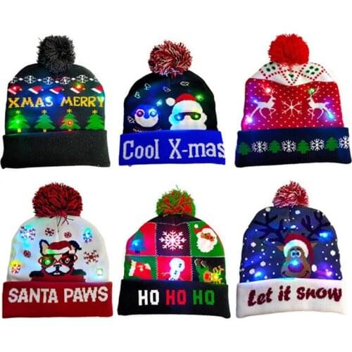 Kids & Adult Christmas Hat with Led Lights Flashing Skullies Beanies Warm Knitted Winter Hat Men Women Children Hats and Caps