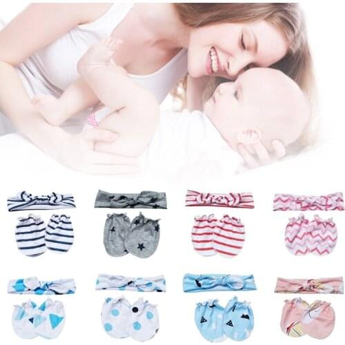 Baby Anti-scratching Gloves Knotted Headband Set Newborn Mittens Hair Band Headwear Kit Infants Shower Gifts