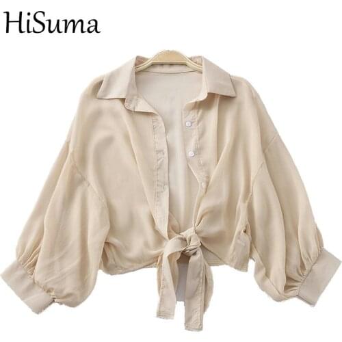 HISUMA Women Summer Lantern Sleeve Front Bandage Strap Chiffon Shirt Vintage Sexy Short Elastic Slim Cardigan Button Blouse Tops