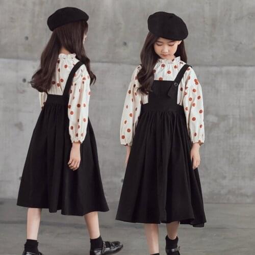 Spring Autumn Big Girls Clothes Set Children Polka Dot Shirts+ Strap Skirt 2pcs Girls Clothing Sets Preppy Style Clothes CL452