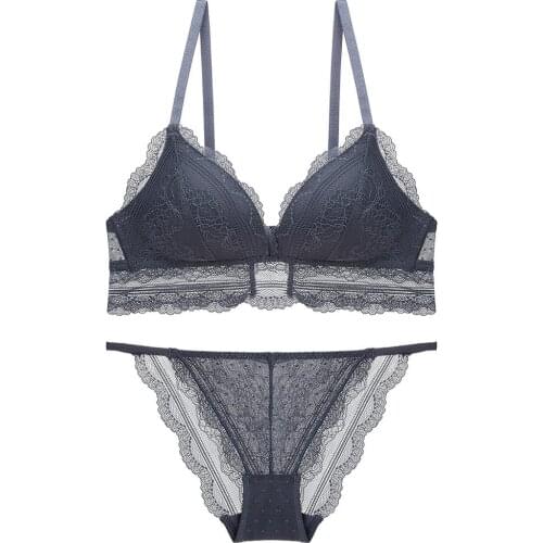 Wire free sexy lace bra and panty set for women deep V push up ladies lingerie sexy panties briefs underwear soft brassieres set