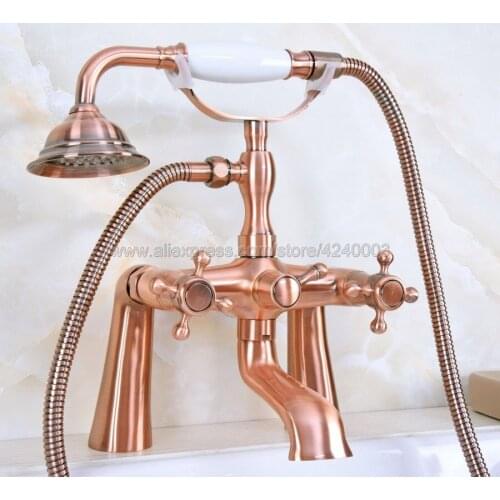 Red Copper Deck Mounted Two Handle Bathtub Sink Faucet Telephone Deck Standing Dual Hole Bathtub Mixer with Handshower Kna160