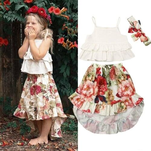 Summer Boho Princess 3PCS Kids Baby Girl Sets Sleeveless Ruffle Tops Vest Flower Skirt +Headband Outfit Clothes Summer