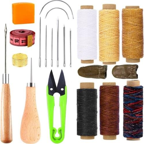 LMDZ 21pcs 6 Color Waxed Thread Leather Awl Hand Stitching Big Eye Curved Leather Tool Kit Leather Craft Sewing Supplies