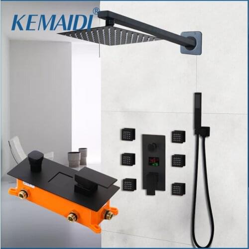 KEMAIDI Matte Black Bath Shower Faucet Message Jets Thermostatic Temperature Display Rainfall Bathroom Kit Shower Set Faucet